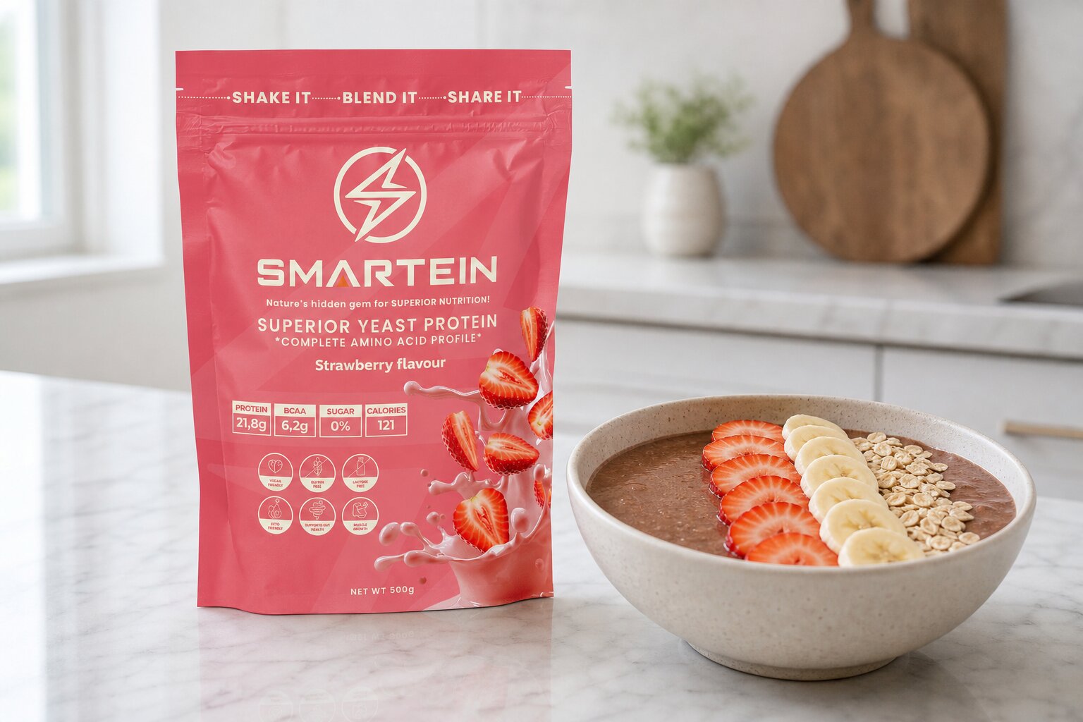 Smartein strawberry protein with a smoothie bowl