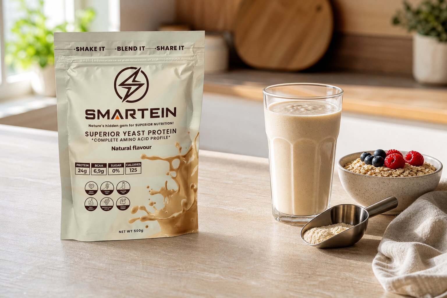 Smartein Hefeprotein auf dem Küchentisch mit frisch zubereitetem Shake